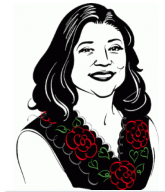 black and white graphic art of reyna grande smiling in floral blouse