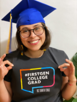 photo of taina morales with her first gen college grad shirt